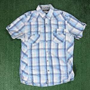 Y2K Mens Point Zero Blue Plaid Short Sleeve Western Shirt Size Medium